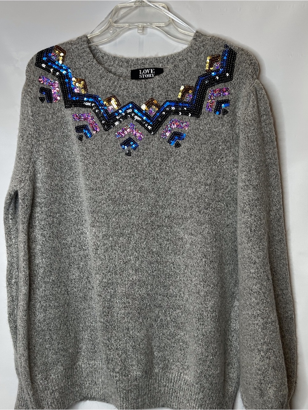 Love Story Gray Sequin-Embellished Crewneck Sweater